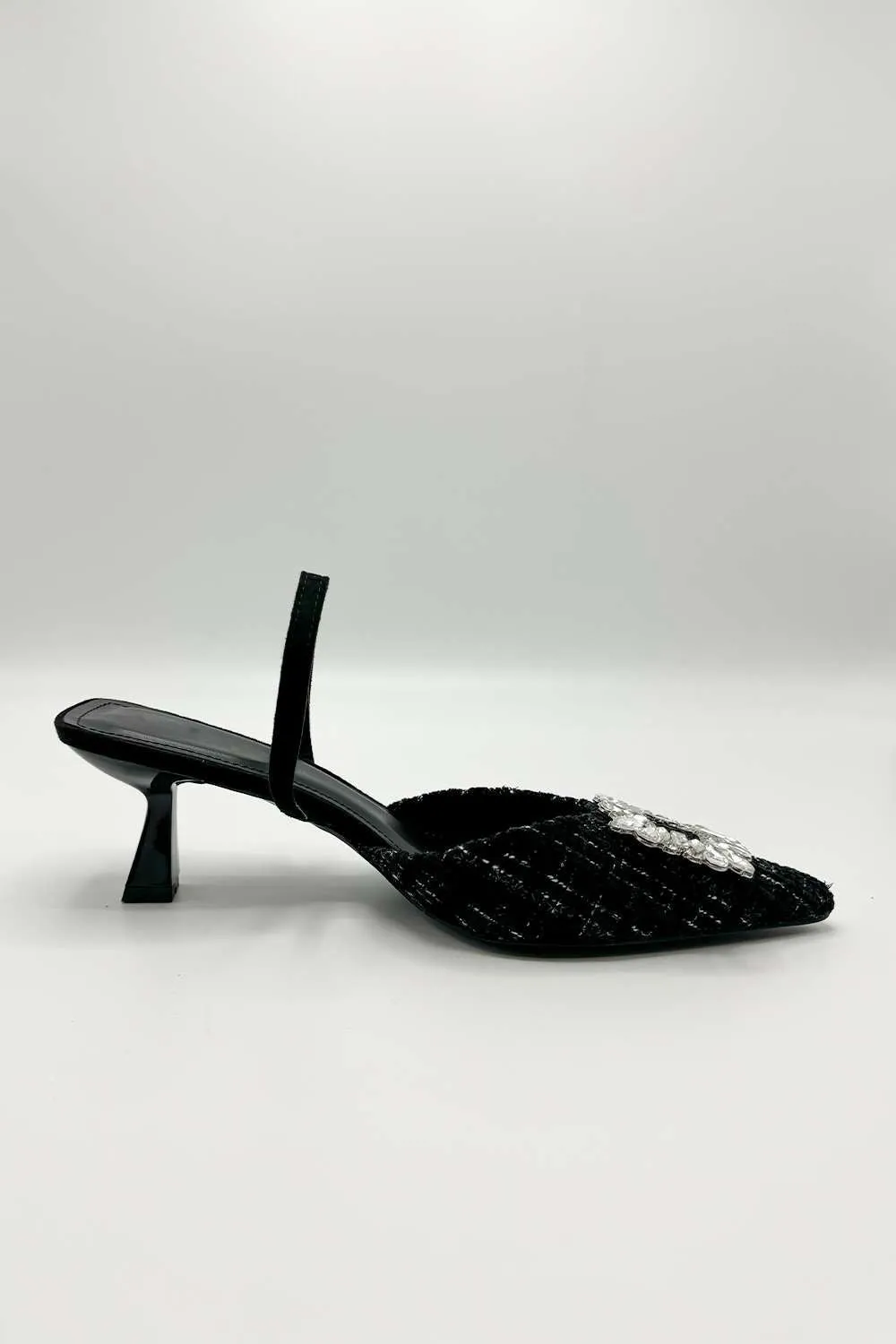 Marcy Diamante Brooch Pointed Toe Textured Court Shoes in Black