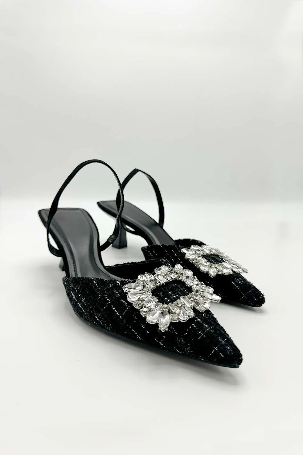 Marcy Diamante Brooch Pointed Toe Textured Court Shoes in Black