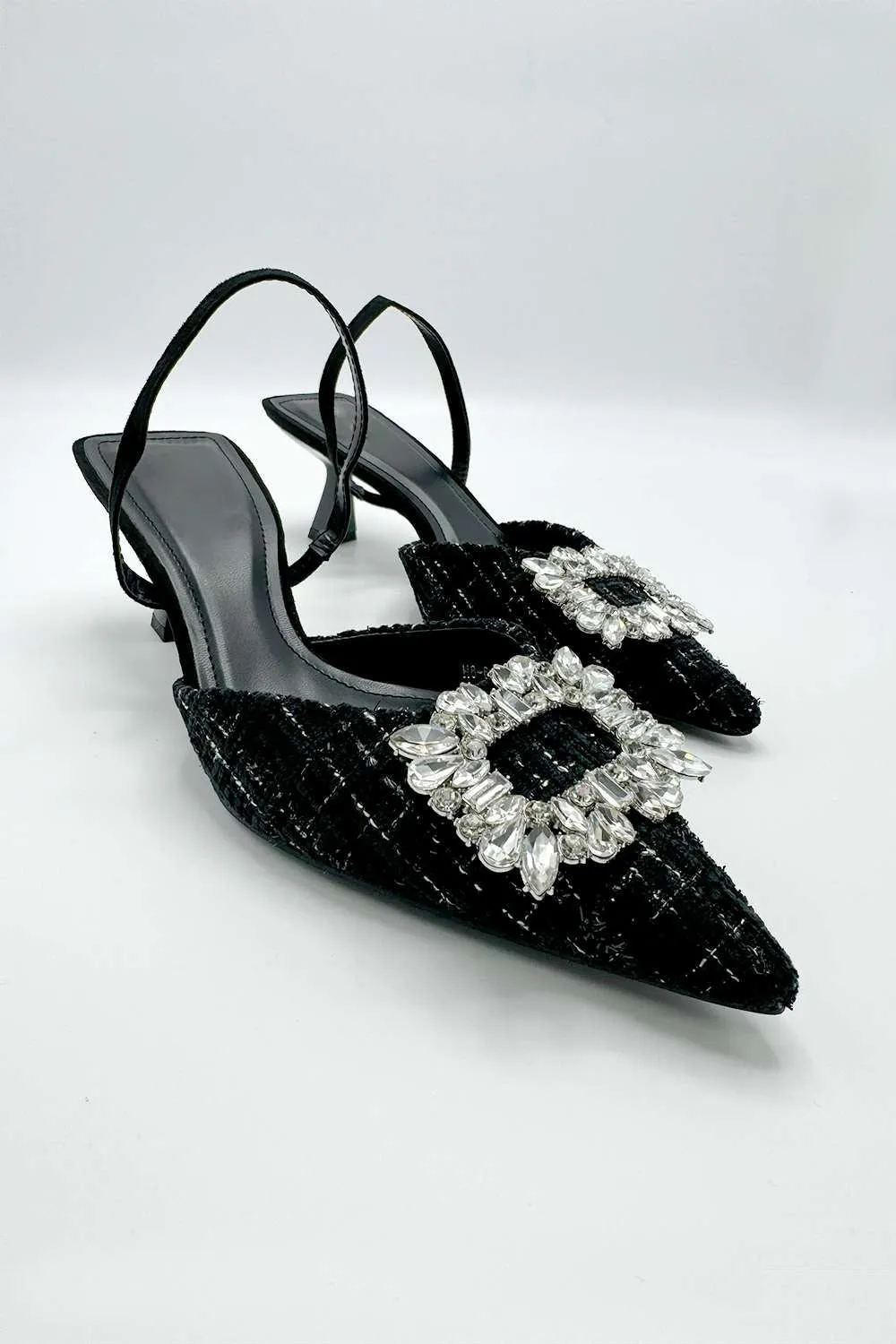 Marcy Diamante Brooch Pointed Toe Textured Court Shoes in Black