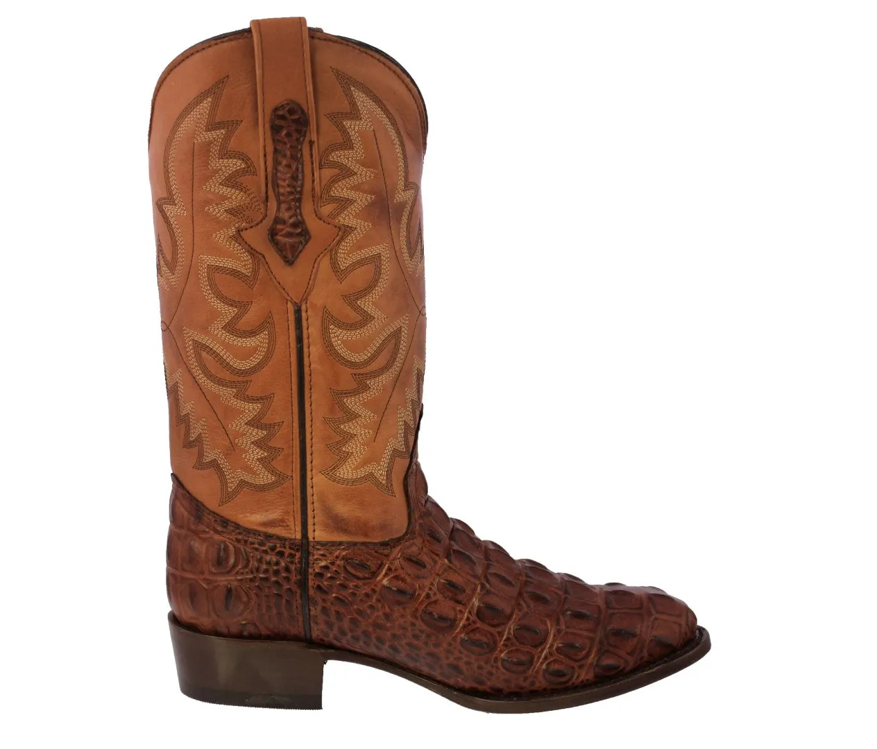 Mens Cognac Leather Cowboy Boots Alligator Back Print - Round Toe