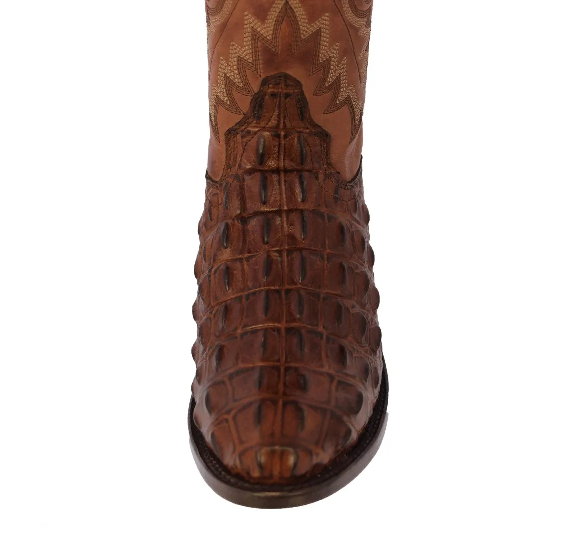 Mens Cognac Leather Cowboy Boots Alligator Back Print - Round Toe