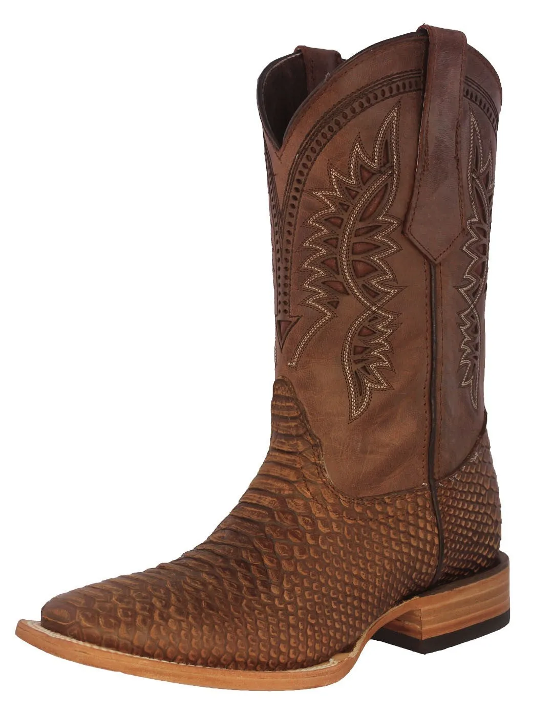 Mens Cognac Snake Print Leather Cowboy Boots - Square Toe