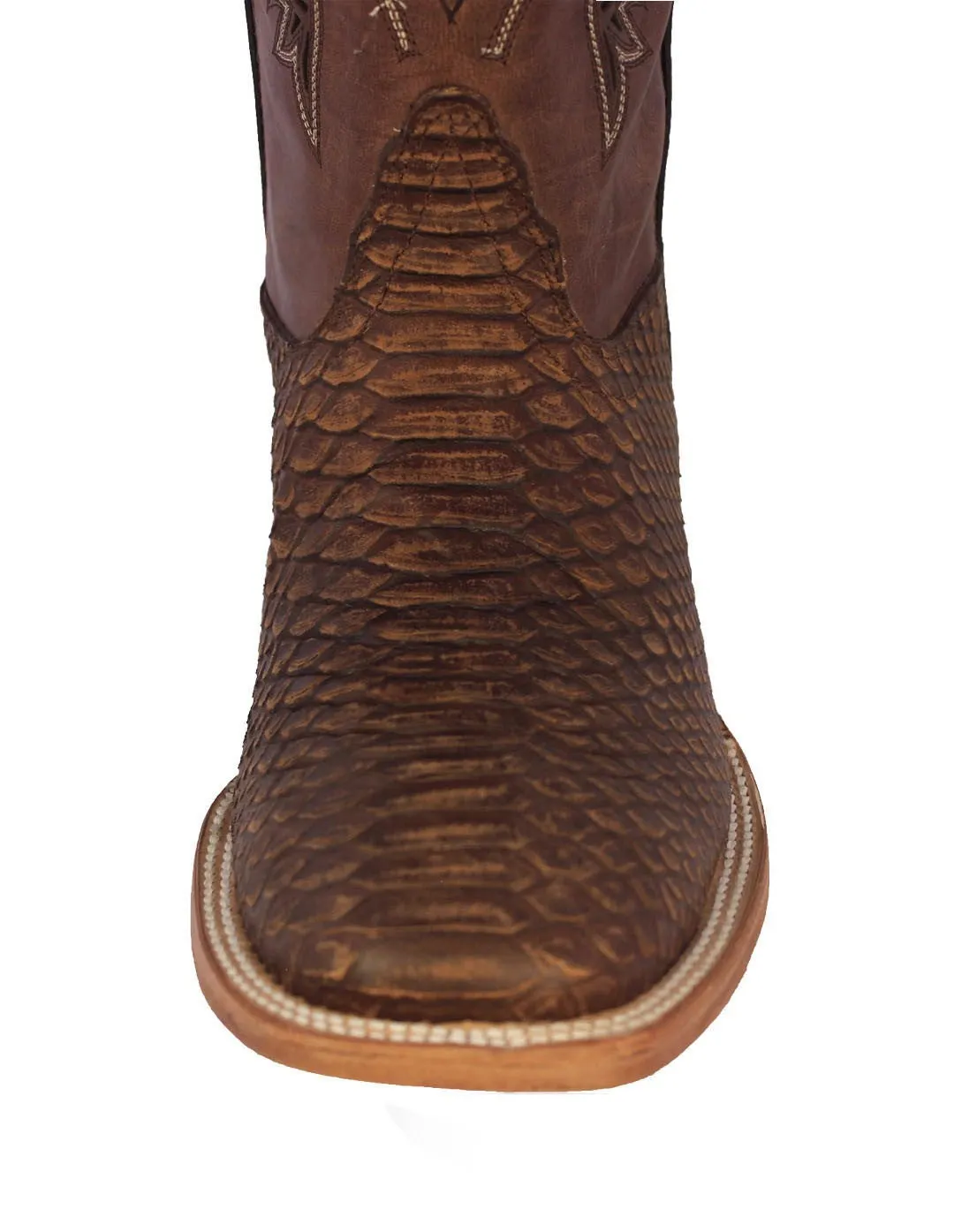 Mens Cognac Snake Print Leather Cowboy Boots - Square Toe