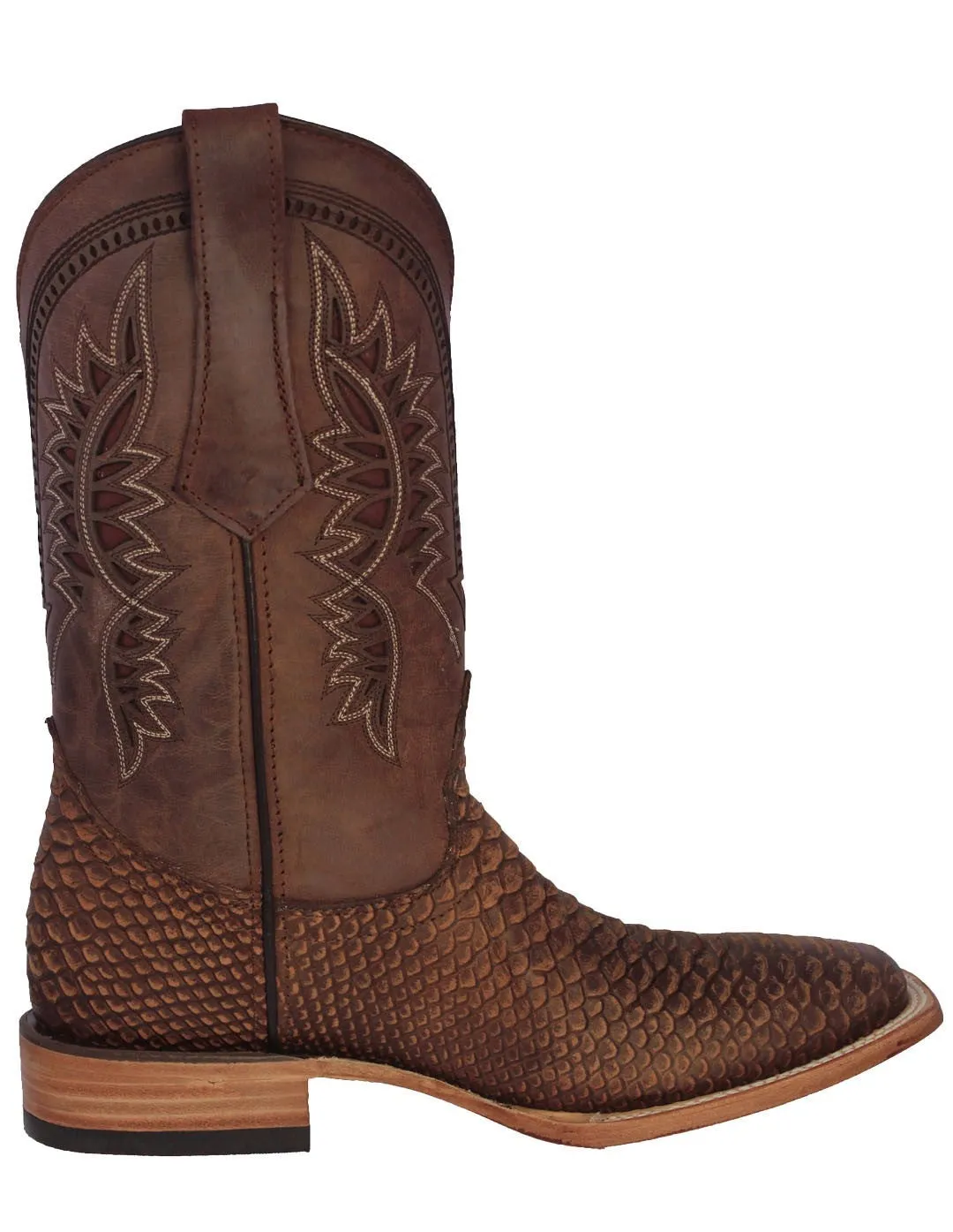 Mens Cognac Snake Print Leather Cowboy Boots - Square Toe