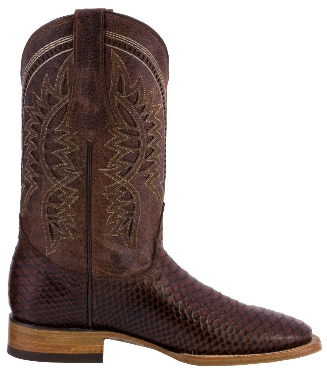 Mens Cognac Snake Print Leather Cowboy Boots - Square Toe