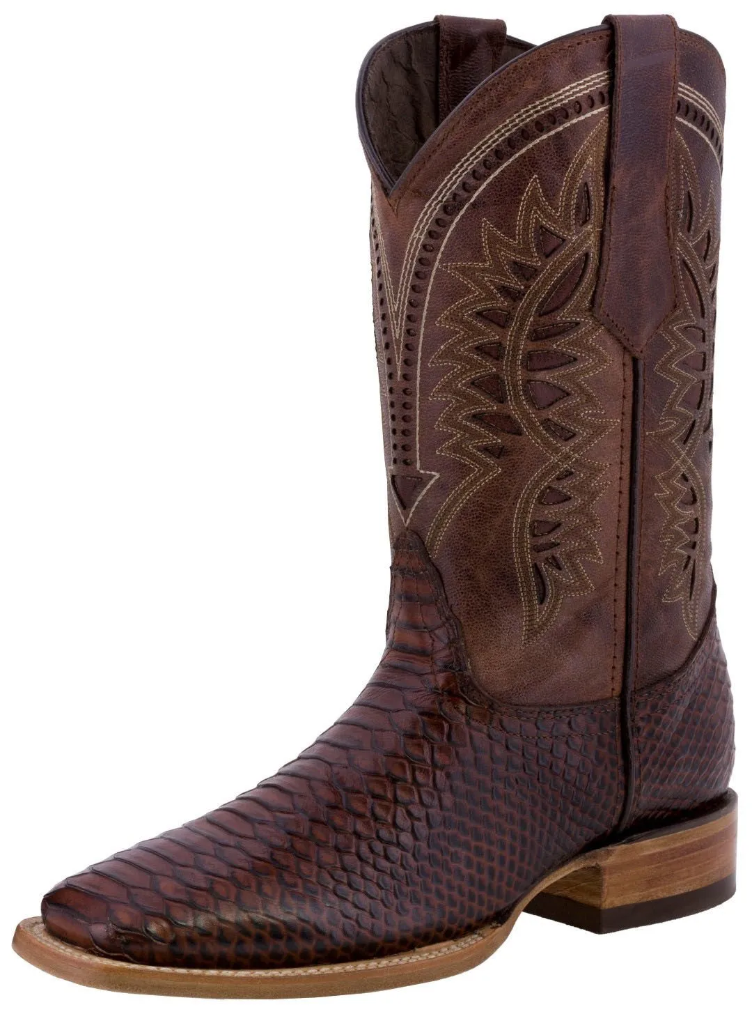 Mens Cognac Snake Print Leather Cowboy Boots - Square Toe