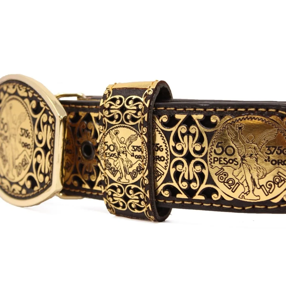 Men's El Centenario Gold Genuine Leather Western Belt Metal Buckle