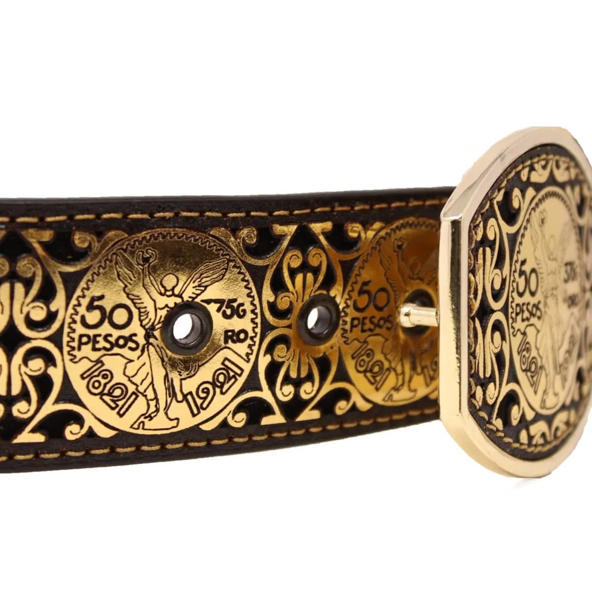 Men's El Centenario Gold Genuine Leather Western Belt Metal Buckle