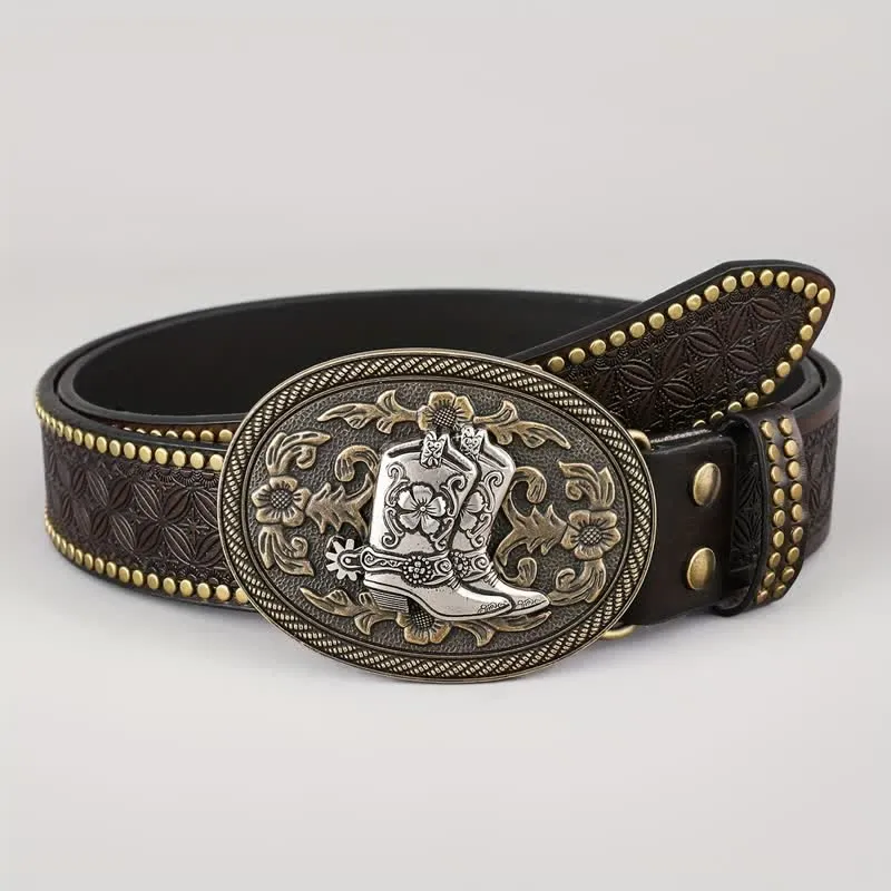 Men's Retro Silver Boots Oval Buckle Leather Belt