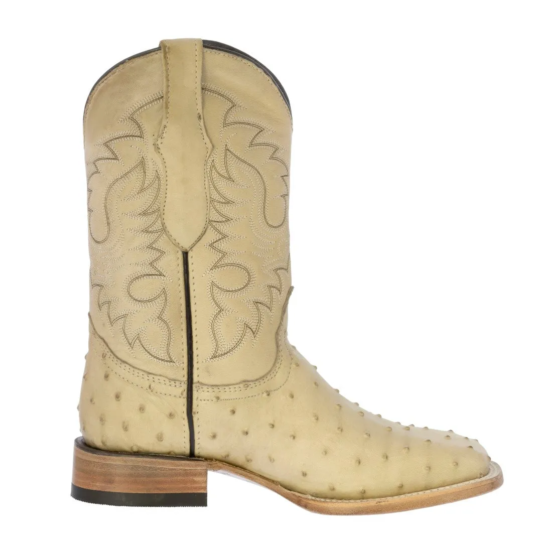 Mens Sand Ostrich Quill Print Leather Cowboy Boots Square Toe