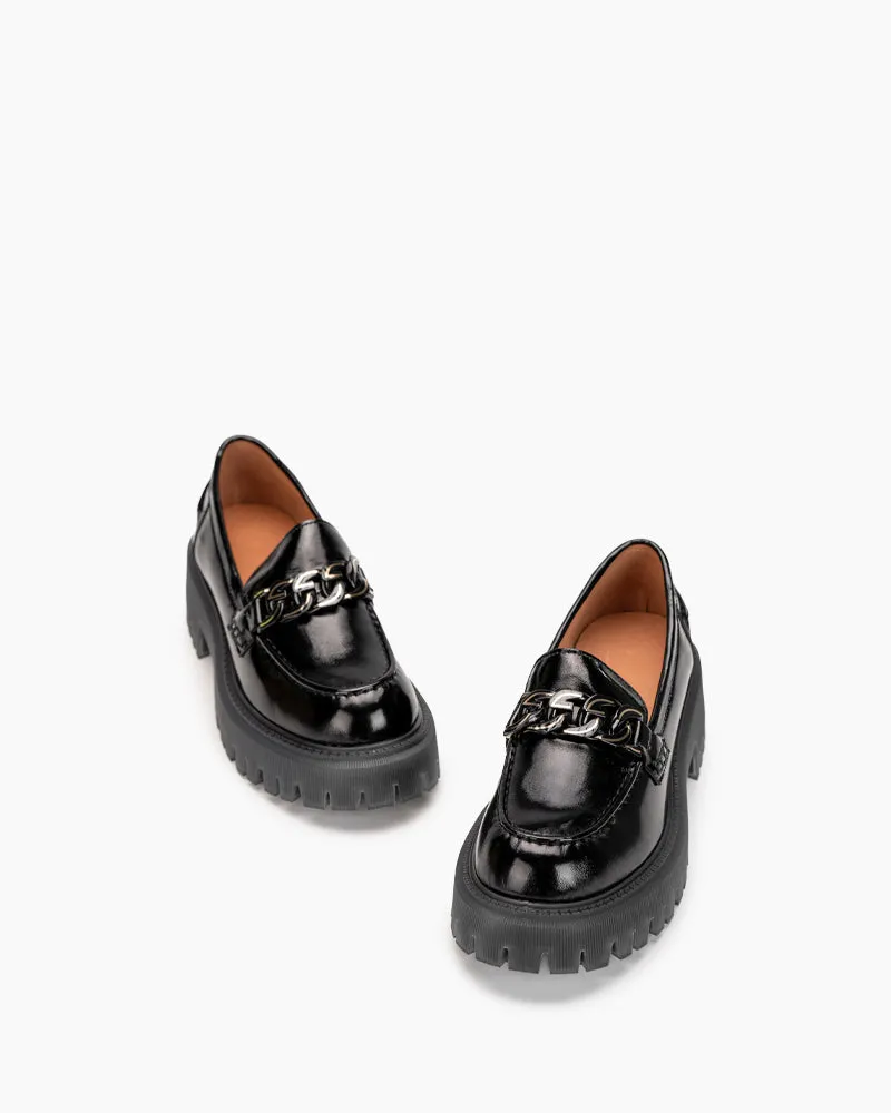 Metal Chain Comfort Chunky Heel Platform Loafers