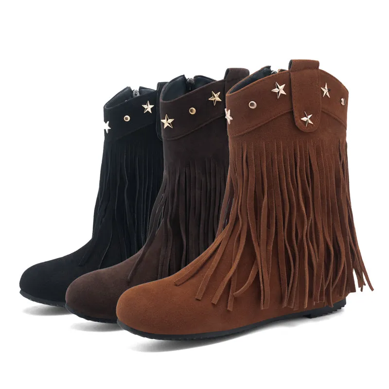 Mid Calf Boots for Women Western Fringe Cowboy Boots