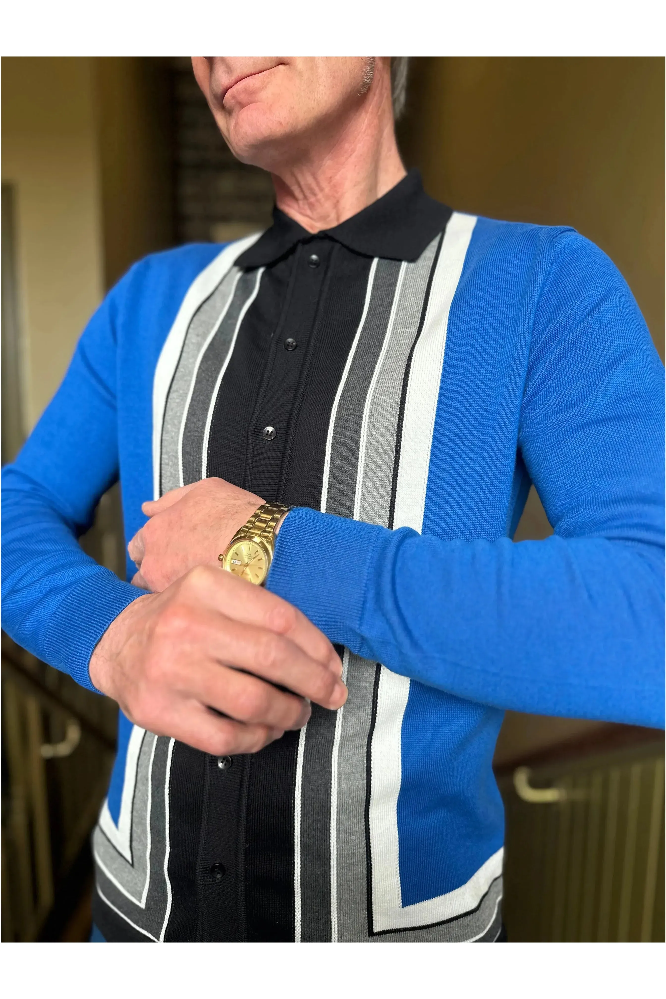 Mr Bridger - Curtis Graduated Stripe ‘The Royal Blue’ Long Sleeve Button Through MB1116 - Polo Knit