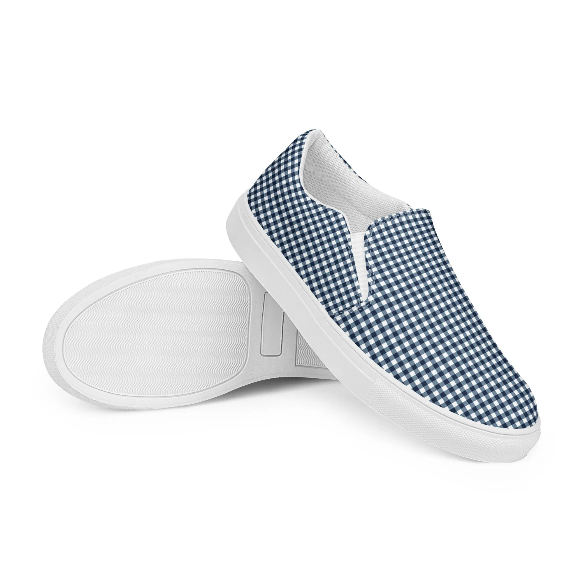 Navy Blue Gingham Check Women's Slip On Canvas Shoes