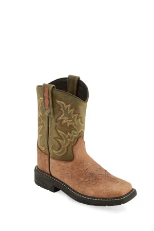 Old West Olive/Tan Youth Boys Leather Cowboy Boots