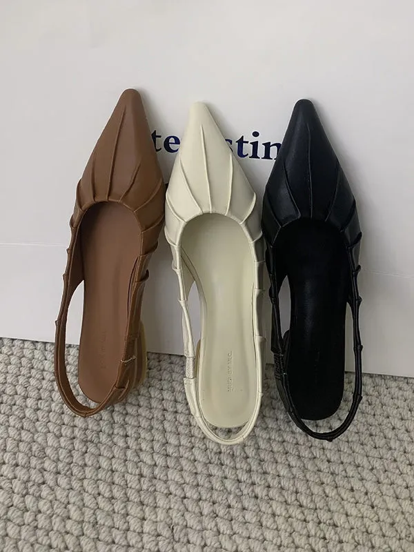 Pleated Pointed-Toe Solid Color Split-Joint Sling Shoes Sandals