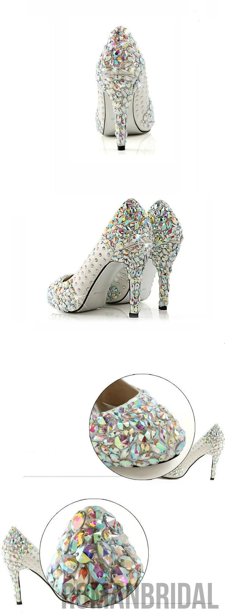 Popular Sparkly Crystal High Heels Pointed Toe White Wedding Bridal Shoes, S011