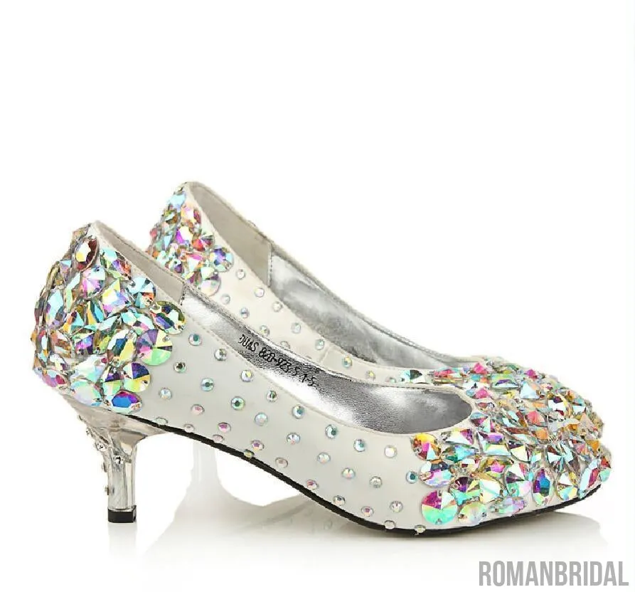 Popular Sparkly Crystal High Heels Pointed Toe White Wedding Bridal Shoes, S011