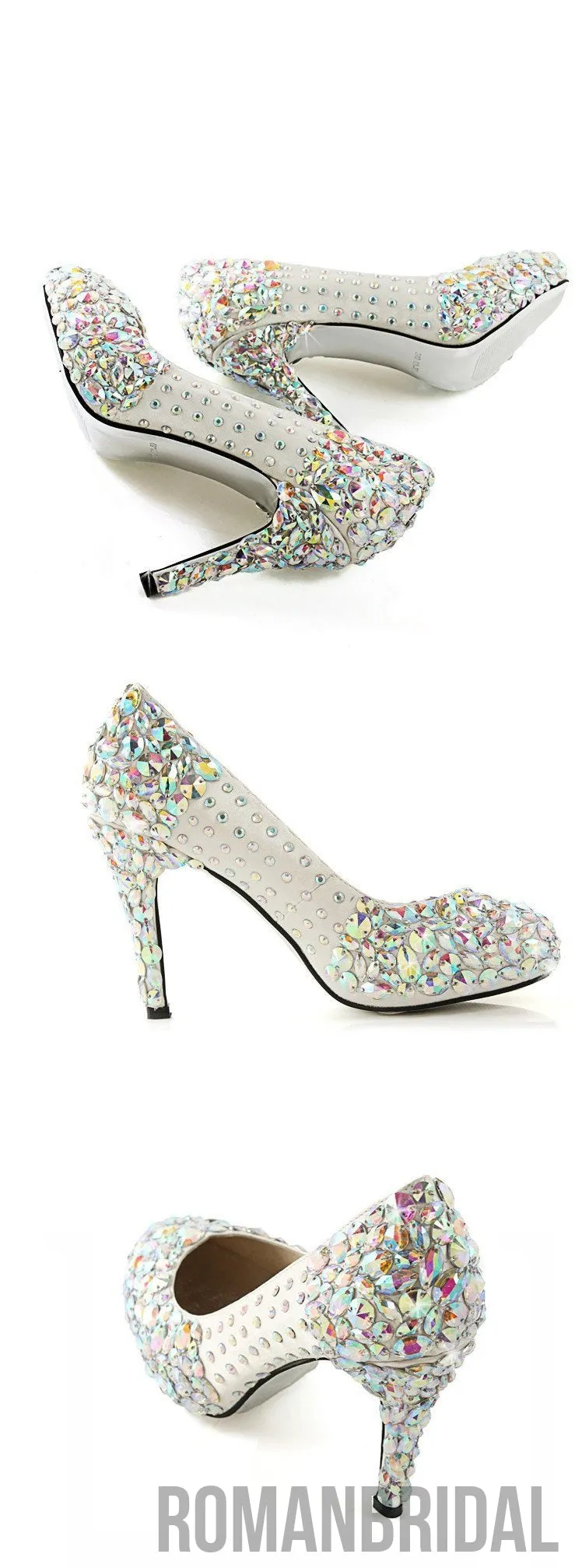 Popular Sparkly Crystal High Heels Pointed Toe White Wedding Bridal Shoes, S011