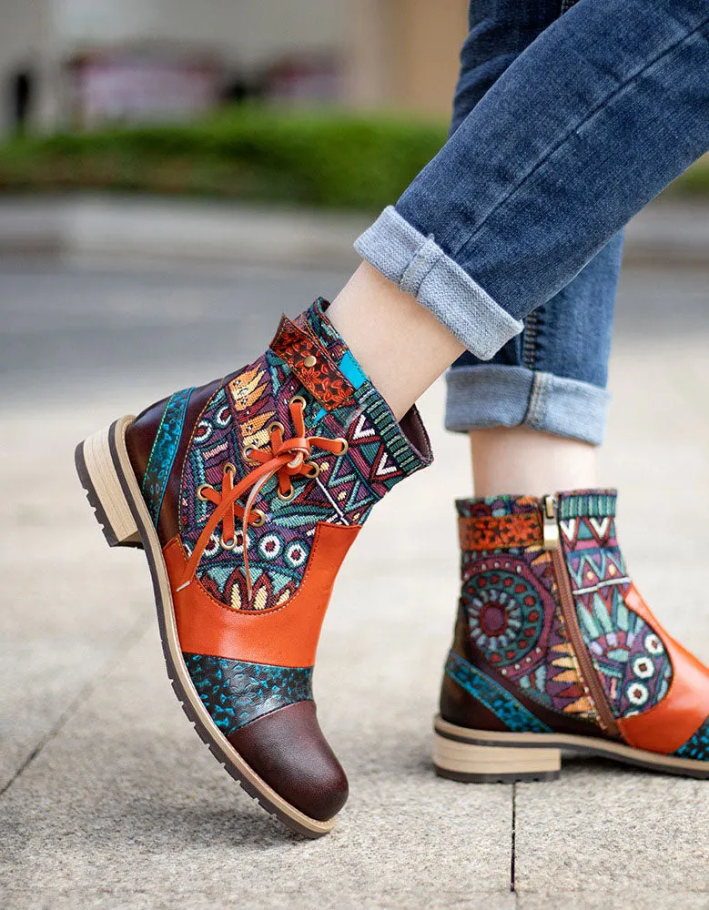 Printed Leather Jacquard Tassel Ankle Boots 36-42