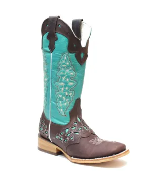 Quincy Boots Womens Crazy Leather Choco/Turquoise Ranch Toe Western Boot