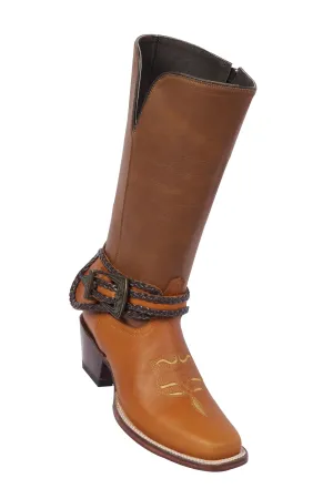 Quincy Boots Womens Grasso and Crazy Leather Rope Belt Tan Rodeo Toe Western Boot