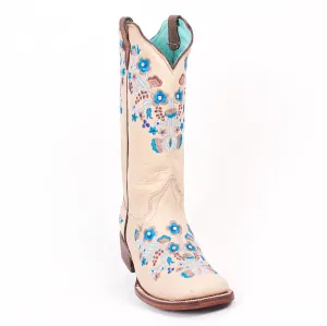 Quincy Boots Womens Napa Leather Floral Bone Ranch Toe Western Boot