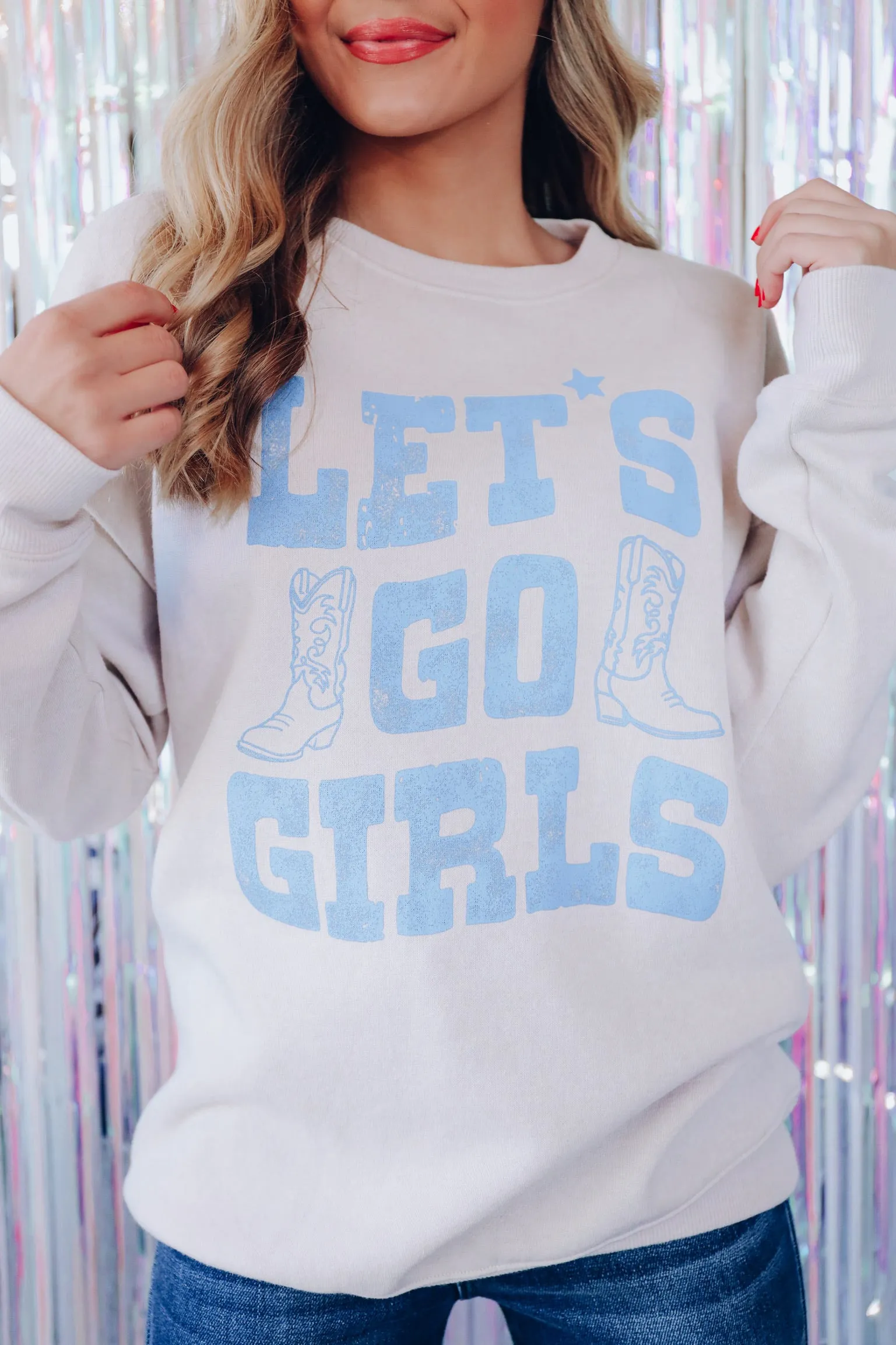 "Let's Go Girls" Cowboy Boots Graphic Sweatshirt - Tan