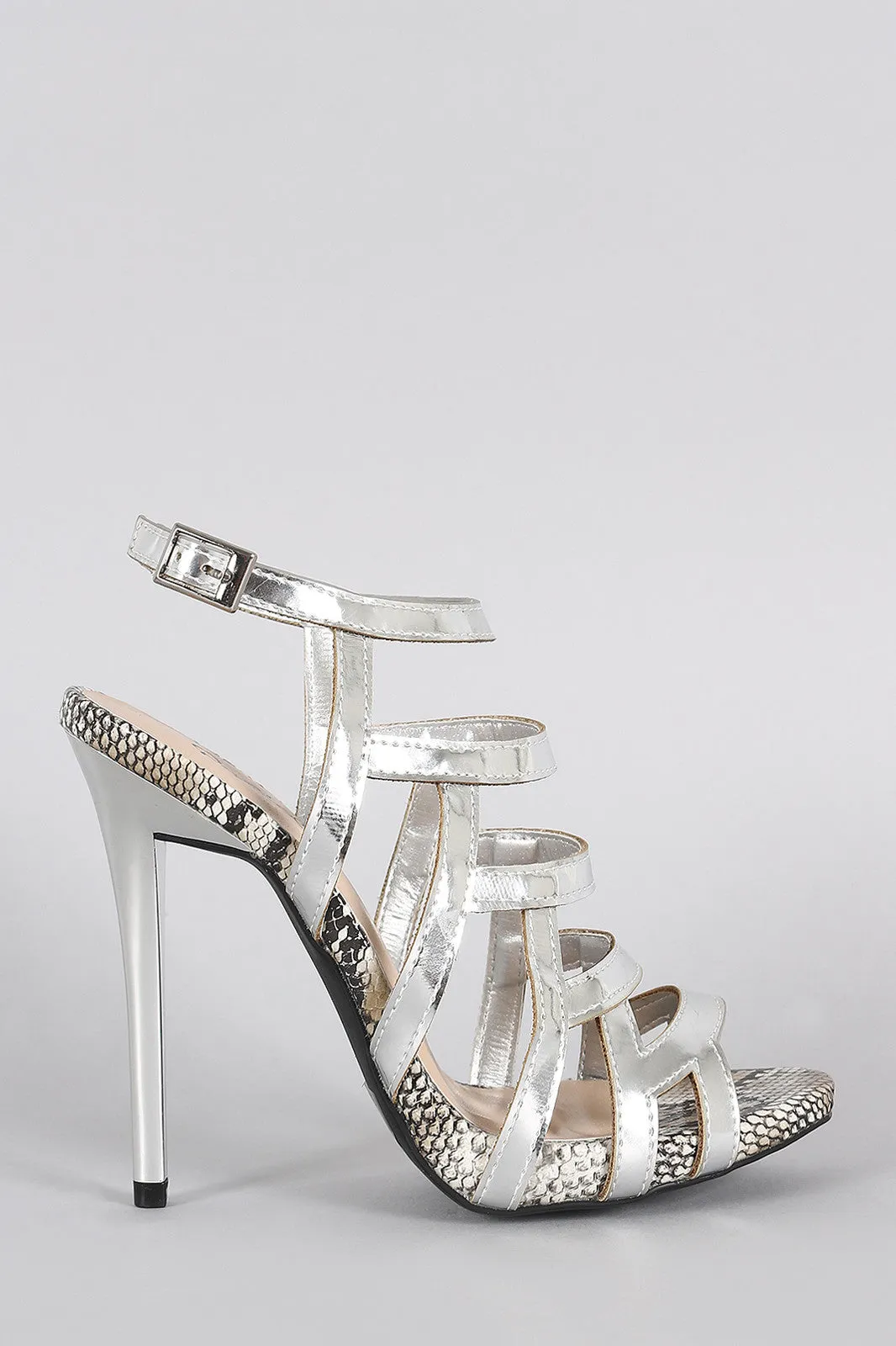 Qupid Metallic Strappy Snake Open Toe Stiletto Heel