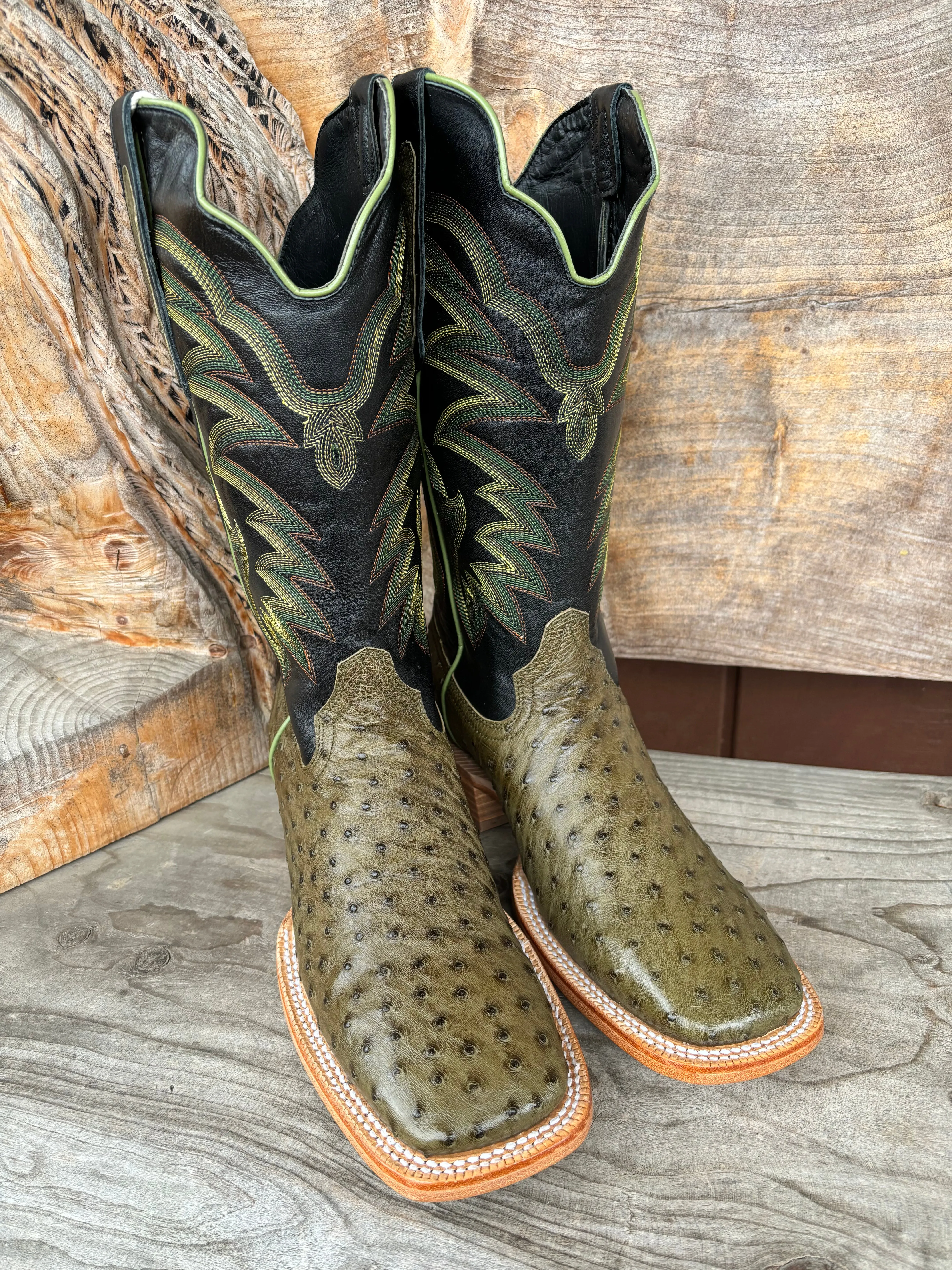 R. Watson Men's Forest Green Full Quill Ostrich Narrow Square Toe Men's Cowboy Boots RW4521-2