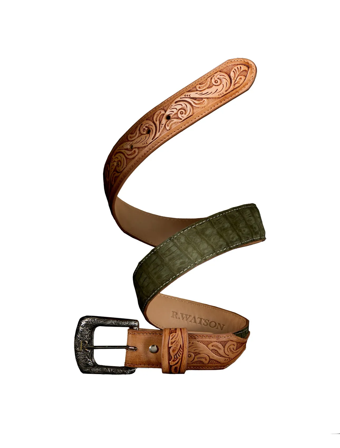 R. Watson Men's Olive Nubuck Sueded Caiman with Natural Tanned Billets Western Belt RWB2301