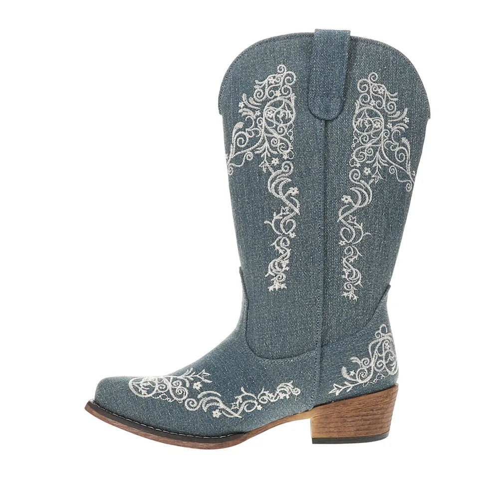 Riley Scroll Denim Embroidered Snip Toe Cowboy Boots