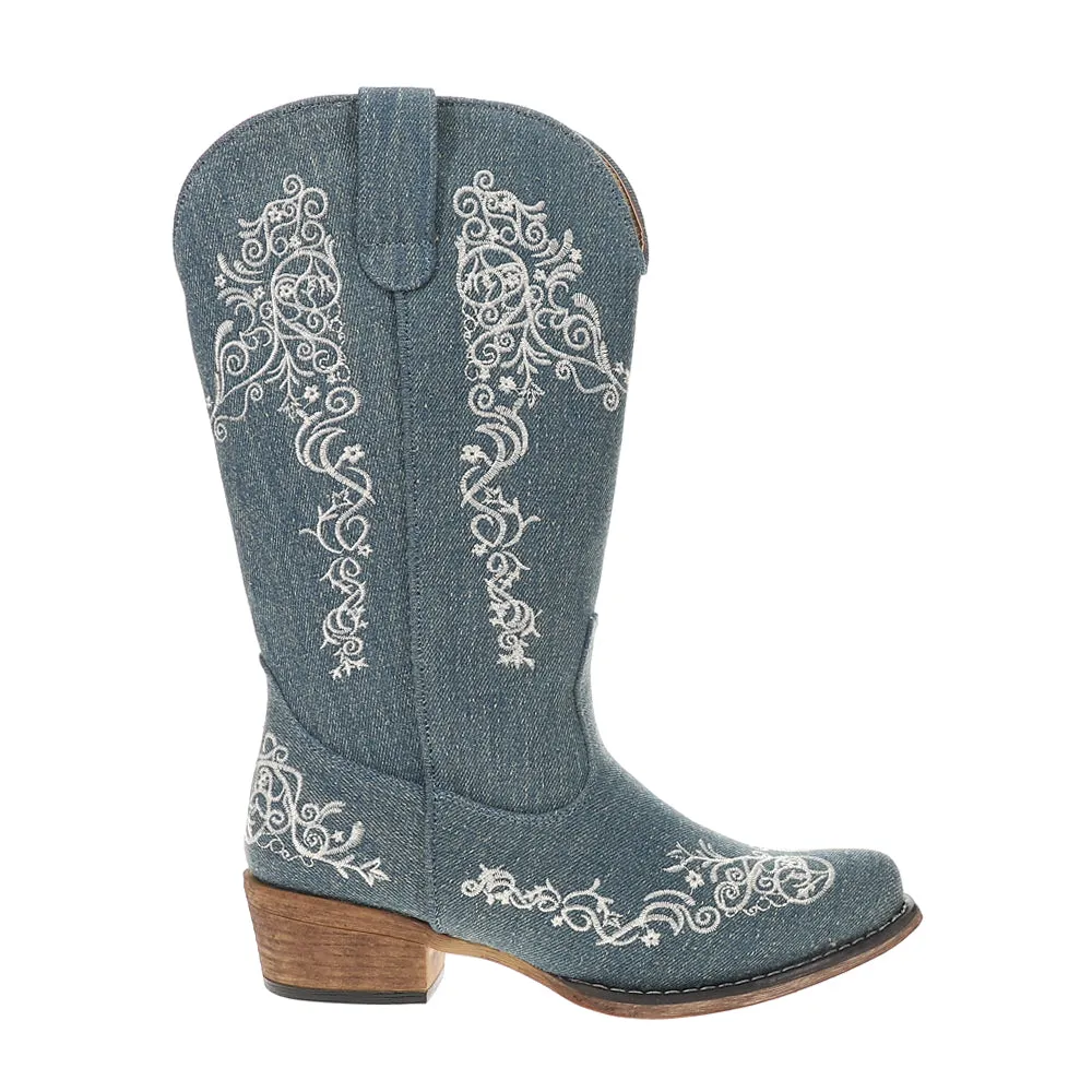 Riley Scroll Denim Embroidered Snip Toe Cowboy Boots