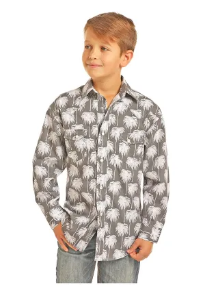 Rock & Roll Cowboy Poplin Palm Print Long Sleeve Snap Shirt, Medium