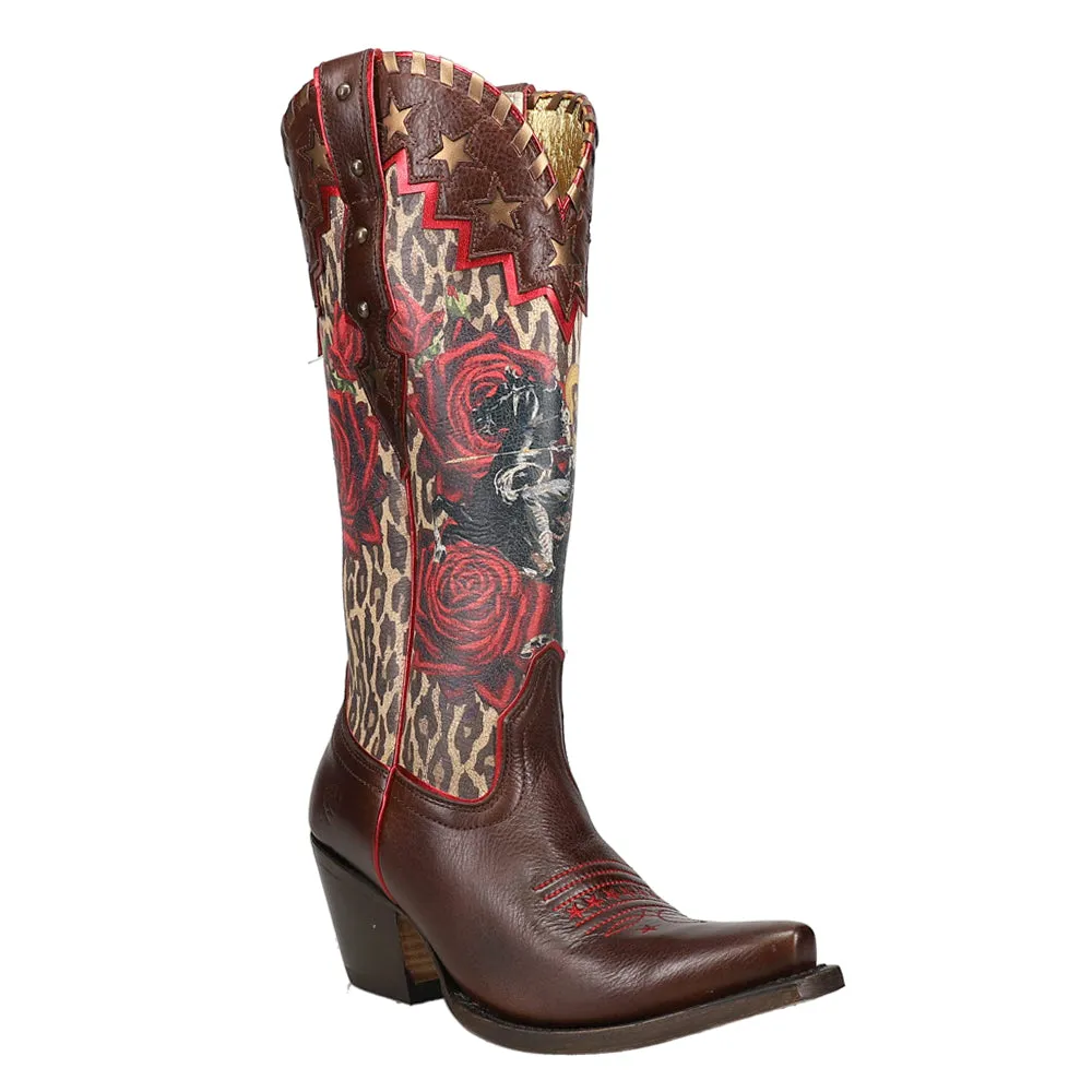 Rodeo Quincy Tooled-Inlay Graphic Leopard Floral Snip Toe Cowboy Boots