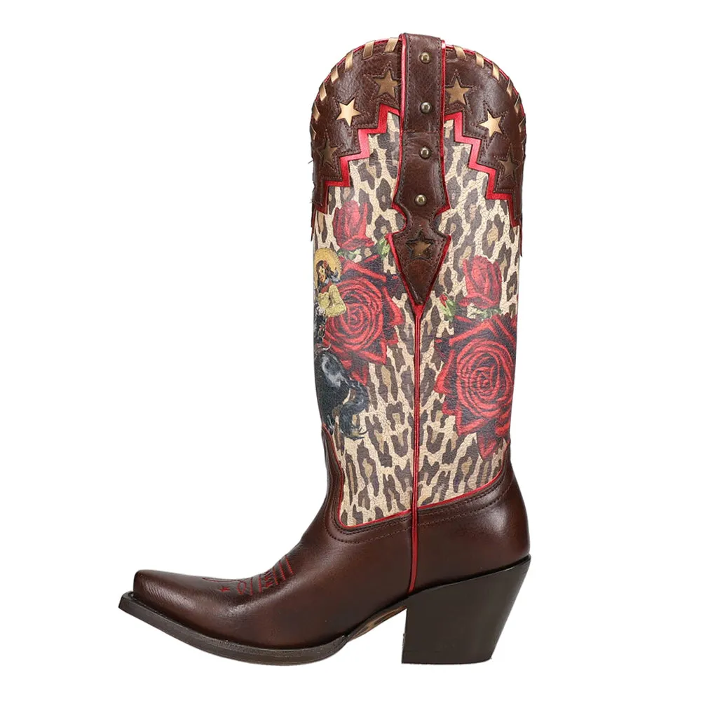 Rodeo Quincy Tooled-Inlay Graphic Leopard Floral Snip Toe Cowboy Boots