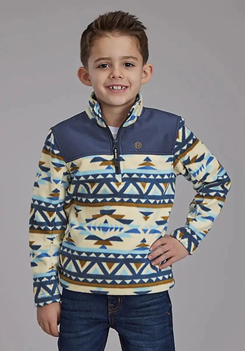 Roper Boy's Aztec Print Microfleece Pullover (Cream/Navy) - Children's Jacket