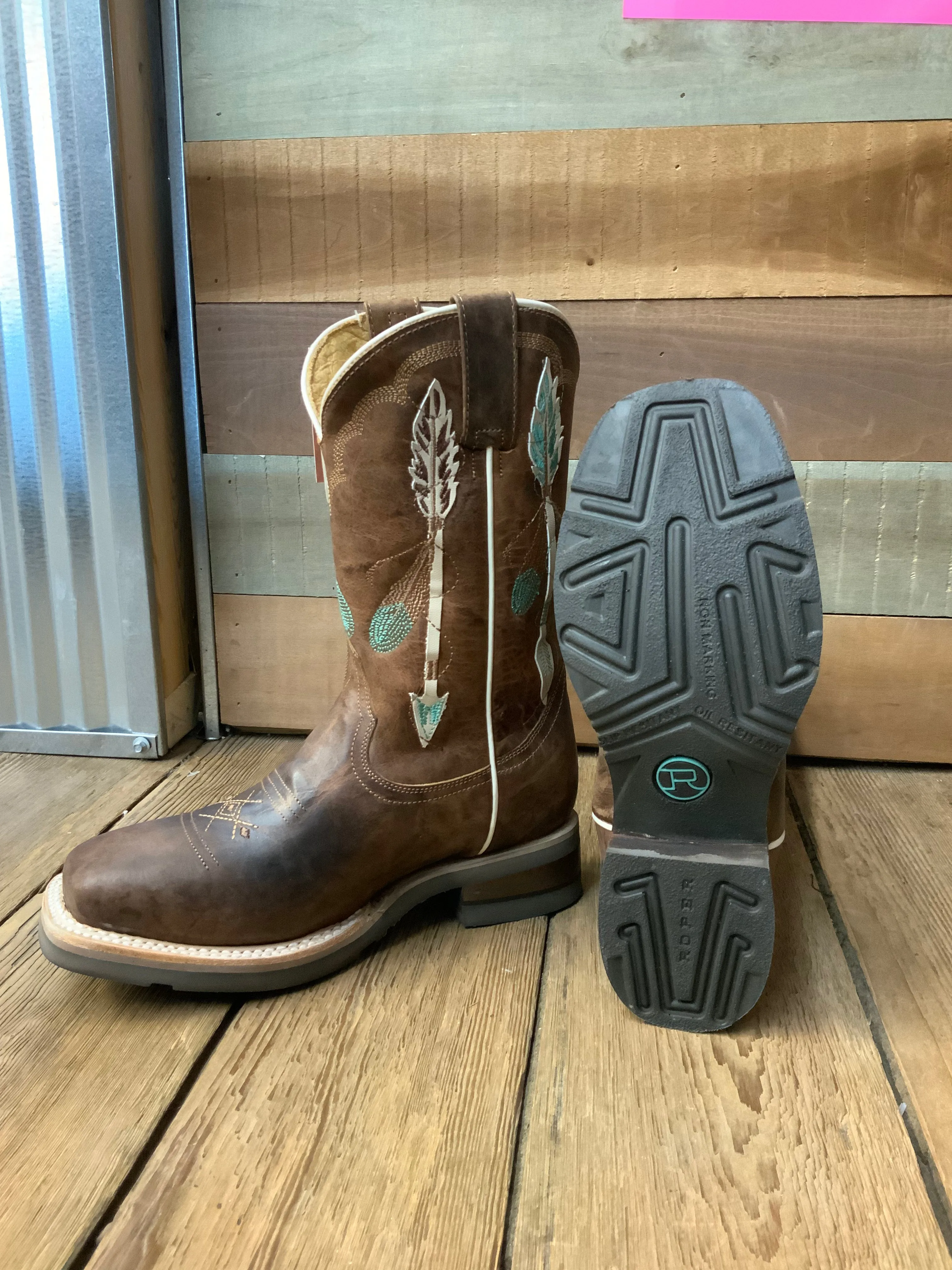 Roper Girl's Arrow Feather Brown Leather Square Toe Cowgirl Boots 7023-8460