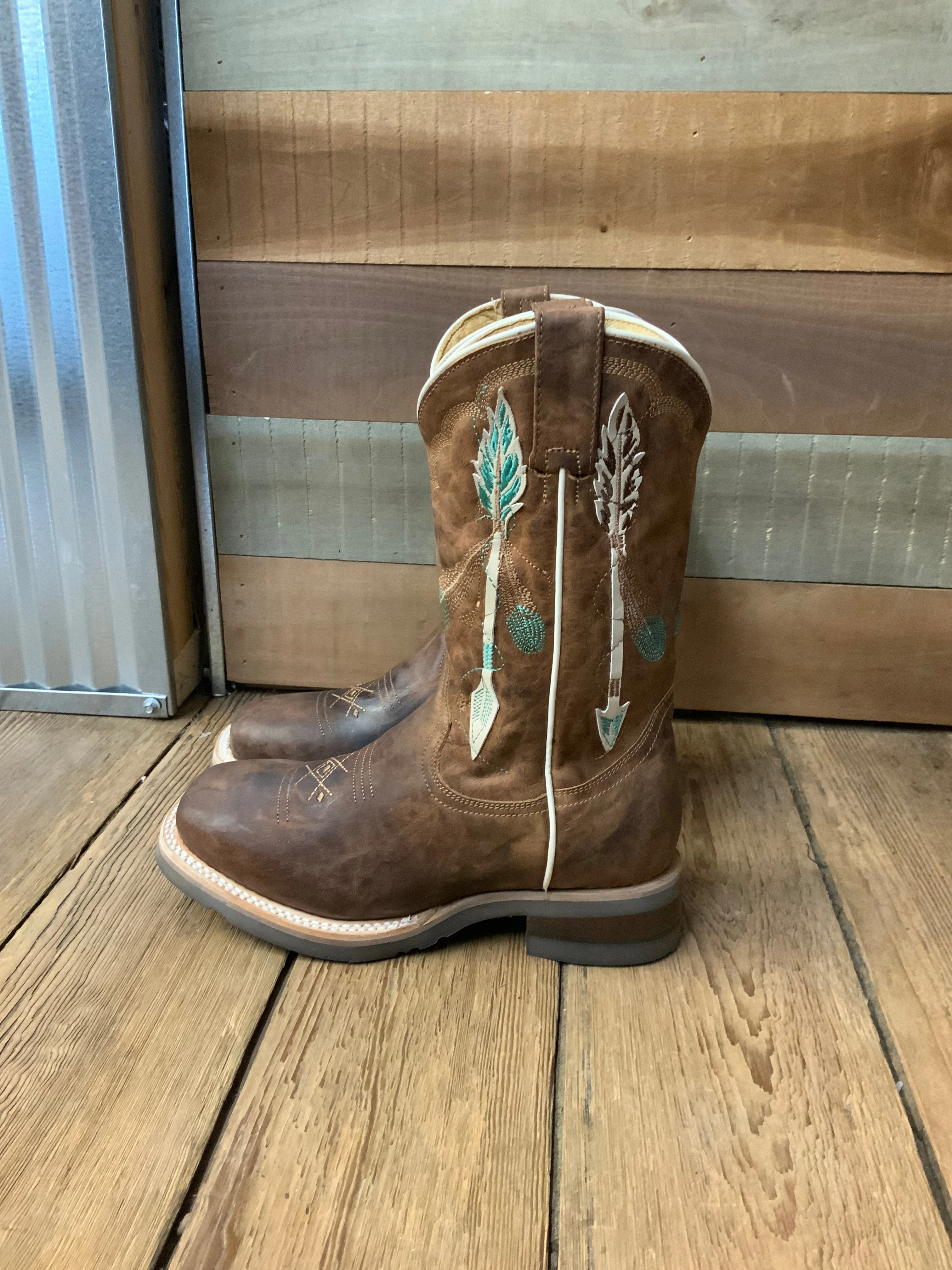 Roper Girl's Arrow Feather Brown Leather Square Toe Cowgirl Boots 7023-8460