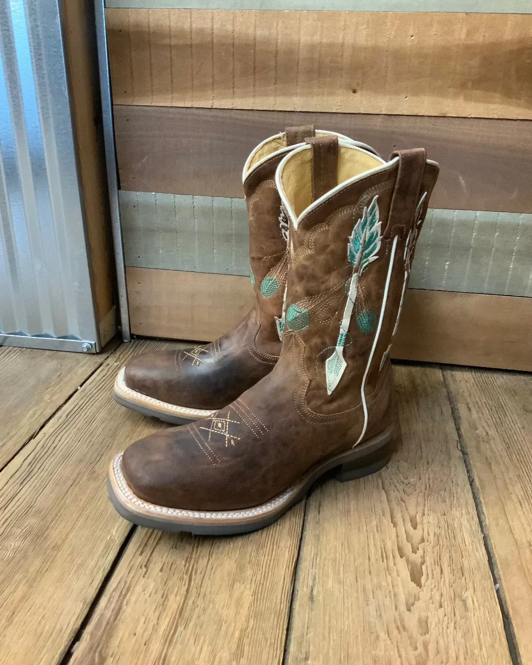 Roper Girl's Arrow Feather Brown Leather Square Toe Cowgirl Boots 7023-8460