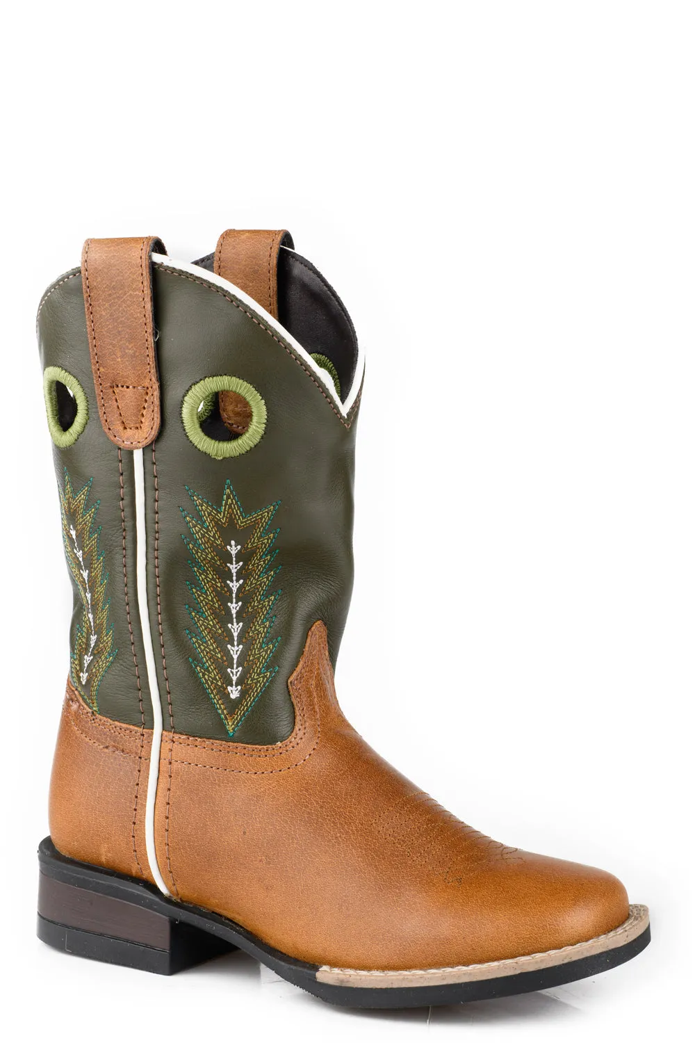 Roper Youth Boys James Tan/Green Leather Cowboy Boots