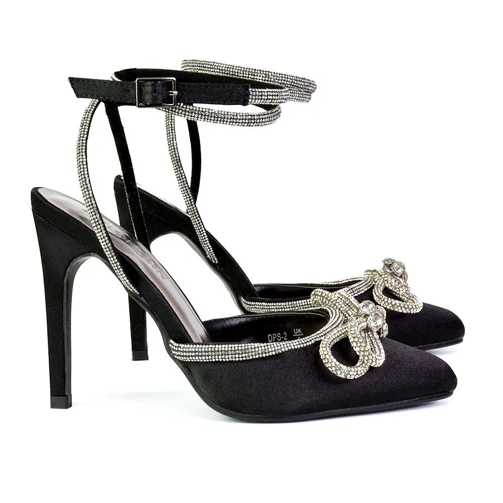 Saxon Strappy Stiletto High Heel Court Shoes With Diamante Bow in Black