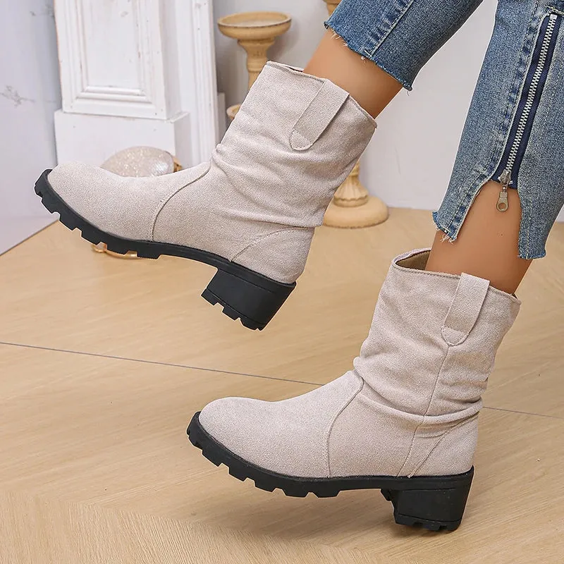 Sohiwoo Pleated Design Slip On Ankle Boots Woman Vinatge Flock Thick Heels Cowboy Boots Woman Plus Size Short Botas Mujer