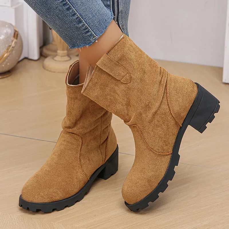 Sohiwoo Pleated Design Slip On Ankle Boots Woman Vinatge Flock Thick Heels Cowboy Boots Woman Plus Size Short Botas Mujer