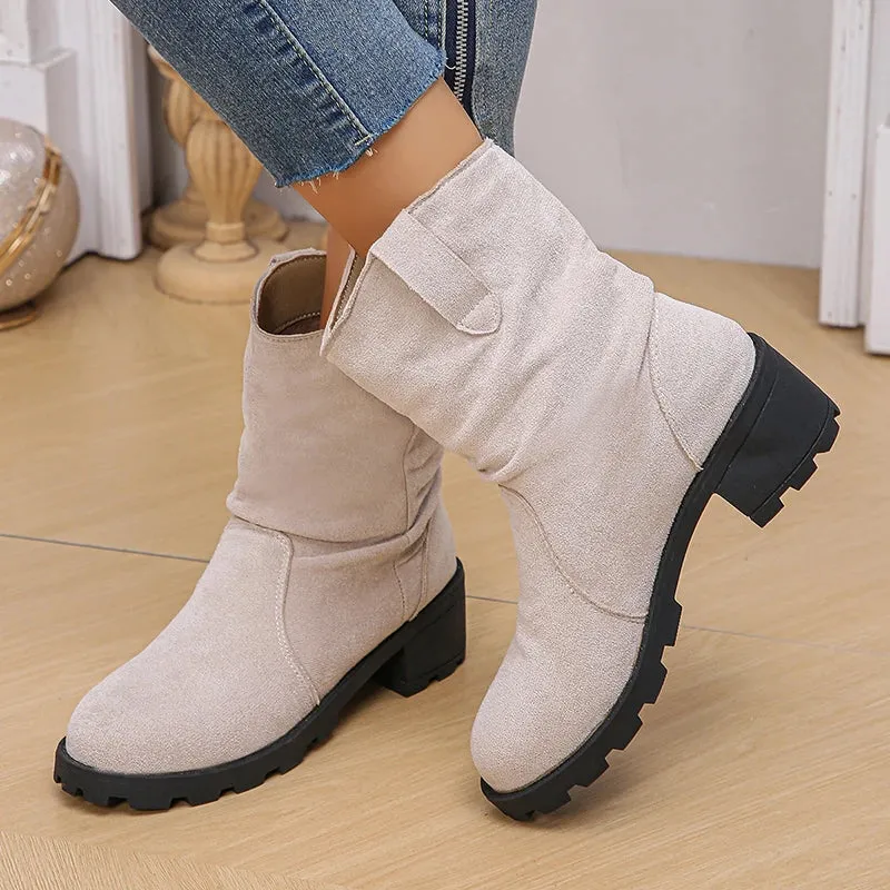 Sohiwoo Pleated Design Slip On Ankle Boots Woman Vinatge Flock Thick Heels Cowboy Boots Woman Plus Size Short Botas Mujer