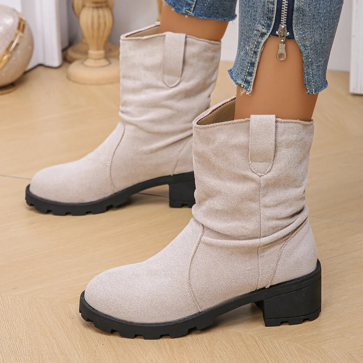 Sohiwoo Pleated Design Slip On Ankle Boots Woman Vinatge Flock Thick Heels Cowboy Boots Woman Plus Size Short Botas Mujer