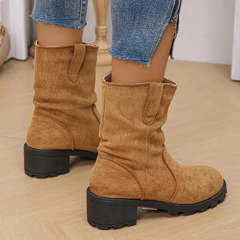 Sohiwoo Pleated Design Slip On Ankle Boots Woman Vinatge Flock Thick Heels Cowboy Boots Woman Plus Size Short Botas Mujer