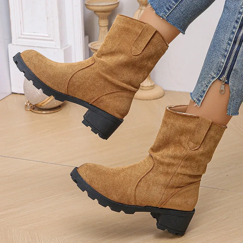 Sohiwoo Pleated Design Slip On Ankle Boots Woman Vinatge Flock Thick Heels Cowboy Boots Woman Plus Size Short Botas Mujer