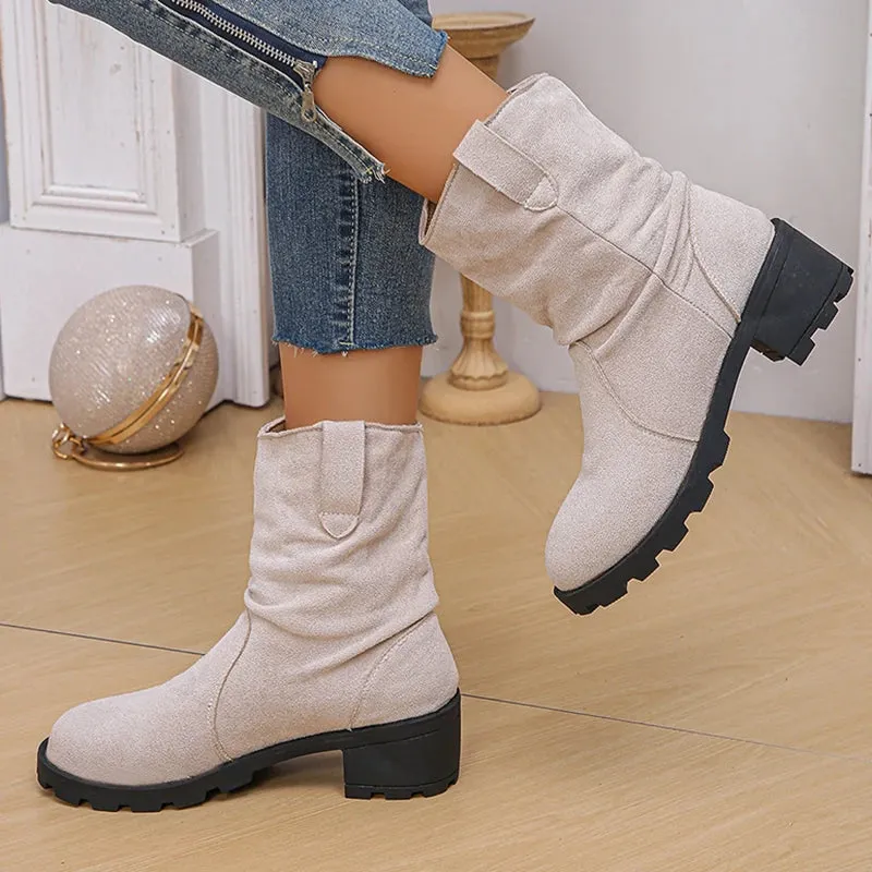 Sohiwoo Pleated Design Slip On Ankle Boots Woman Vinatge Flock Thick Heels Cowboy Boots Woman Plus Size Short Botas Mujer