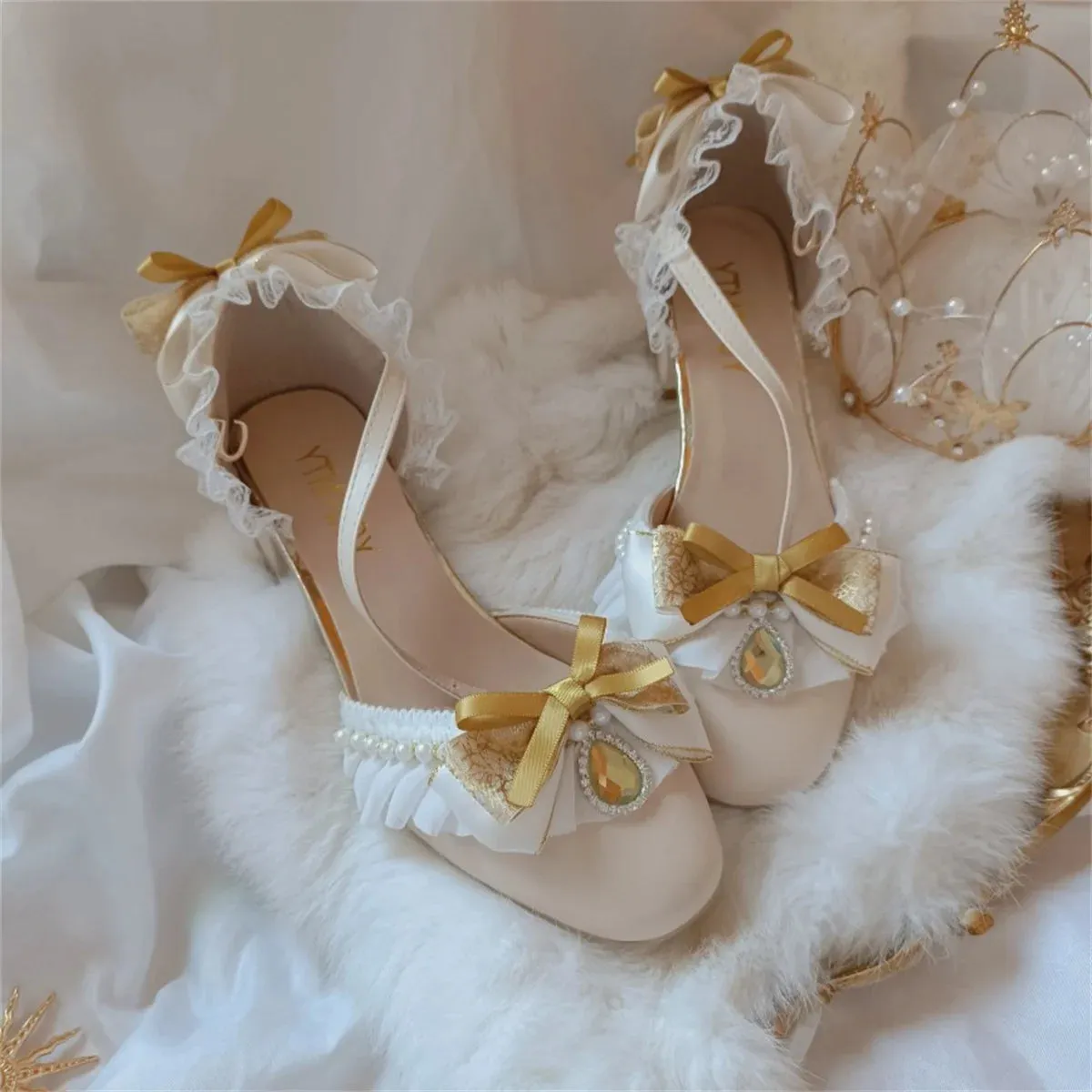 Sohiwoo Retro Court Style Lolita Cosplay Flower Wedding Girl Gorgeous Square Head Lace Ruffled Bow Gem Pearl 4.5cm High Heeled Shoes